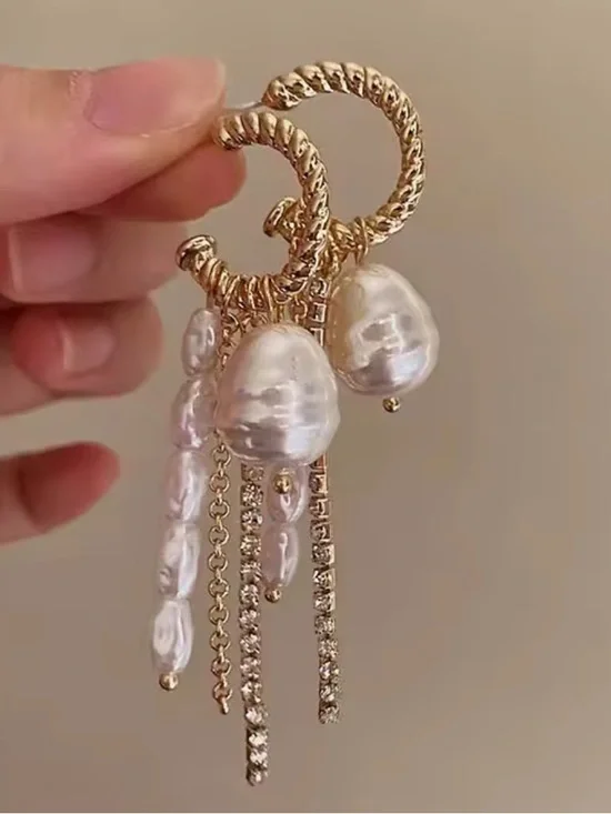 Anthropologie Gold and Pearl Fringe Hoop Earrings - Picture 6 of 6